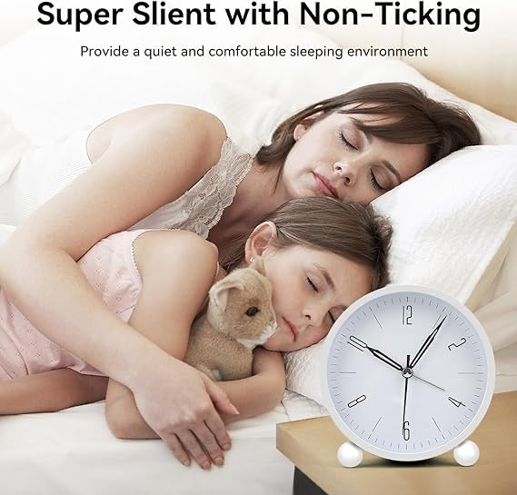 Analog 4 Inch Round Alarm Clock Non Ticking, Battery Operated & Light Function, Super Silent Alarm Clock, Simple Stylish Design for Desk/Bedroom
