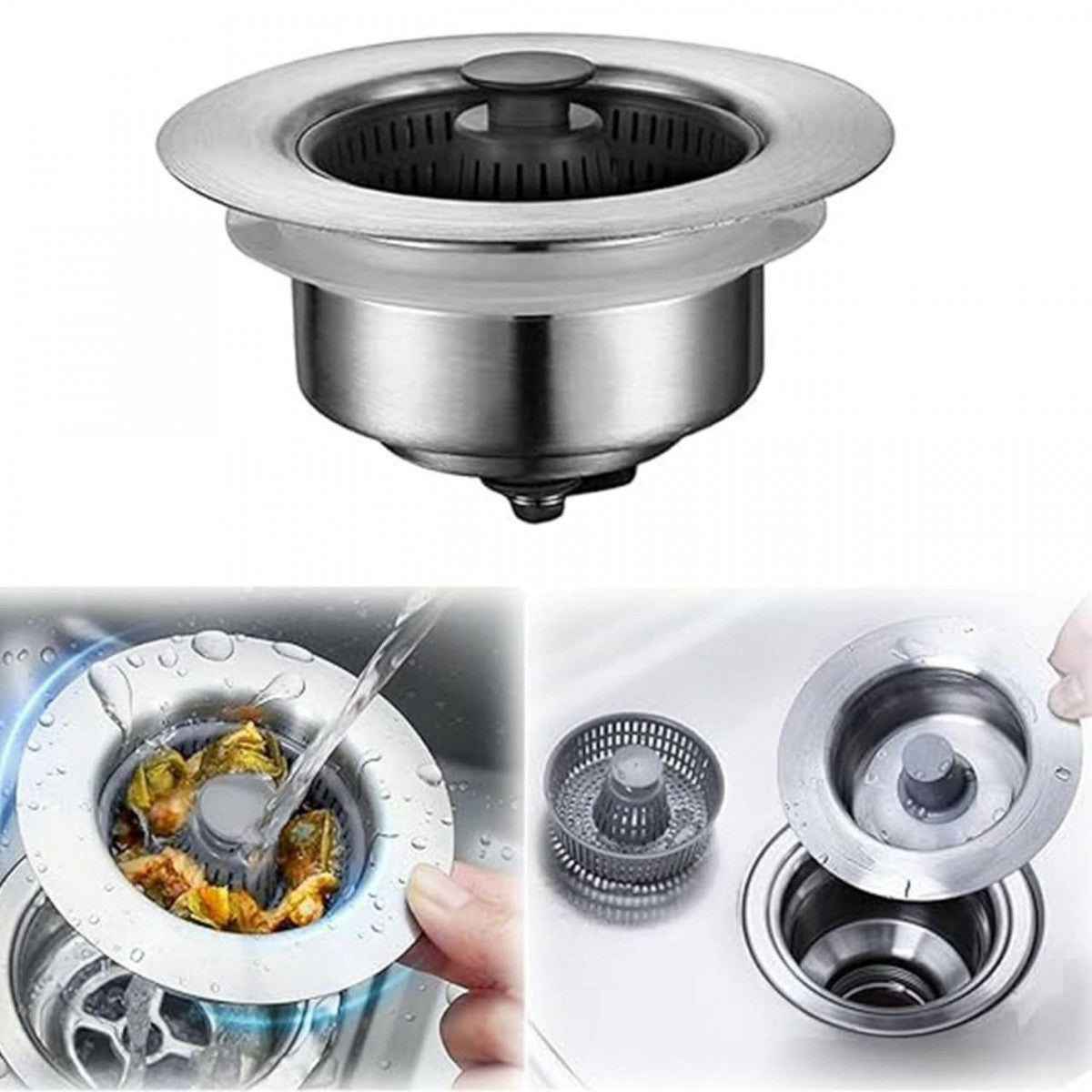 3-in-1 Kitchen Sink Drain Strainer, Stopper & Filter – Stainless Steel Pop-Up Anti-Clog Design