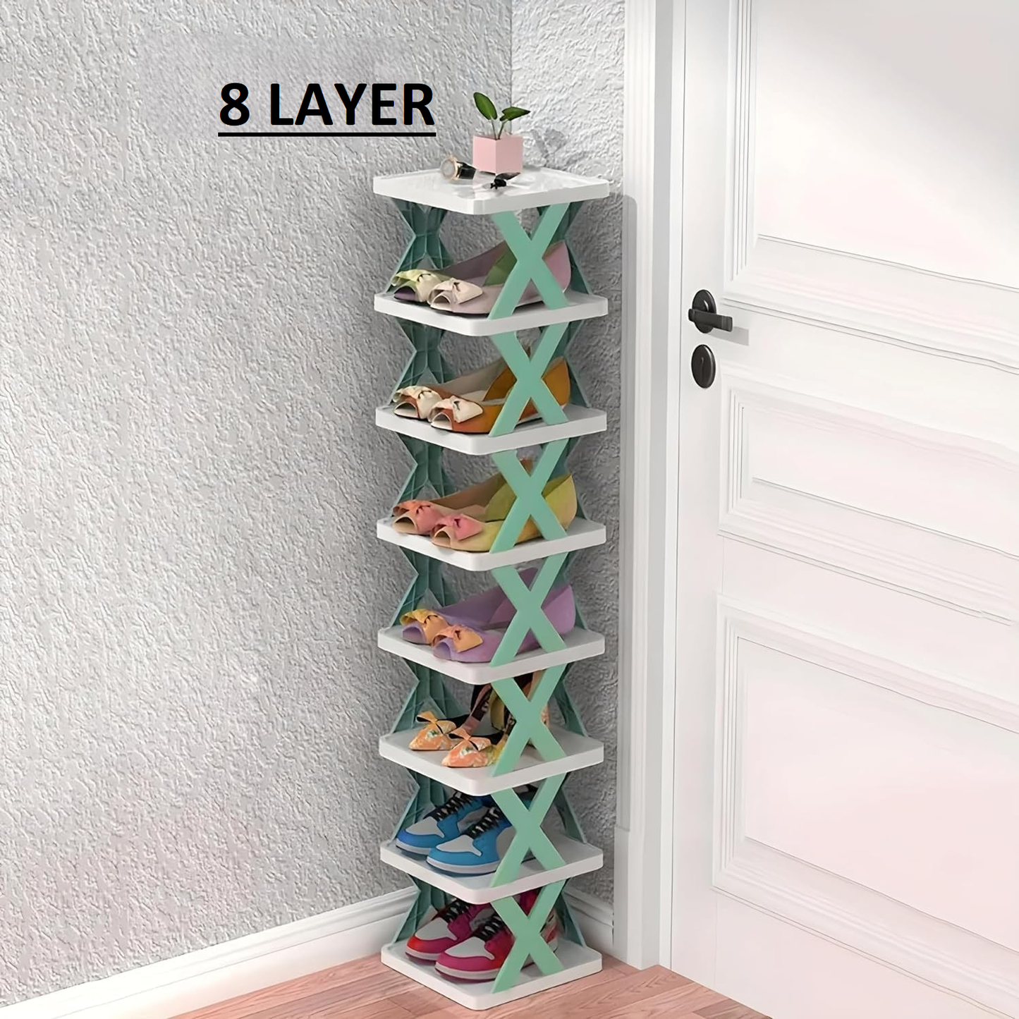Multipurpose Shoe Rack for Home Plastic, Adjustable Stand Organizer Stackable Storage Bedroom Entryway Shelf Footwear Collapsible Corner Tower Shoes and Book Slots Rack (8 Layer Shoe Rack)