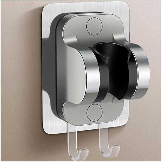 Heavy-Duty Adhesive Shower Head Holder | No-Drill Wall Mount | 90° Adjustable Angle & Built-In Hook | Universal Bathroom Fit