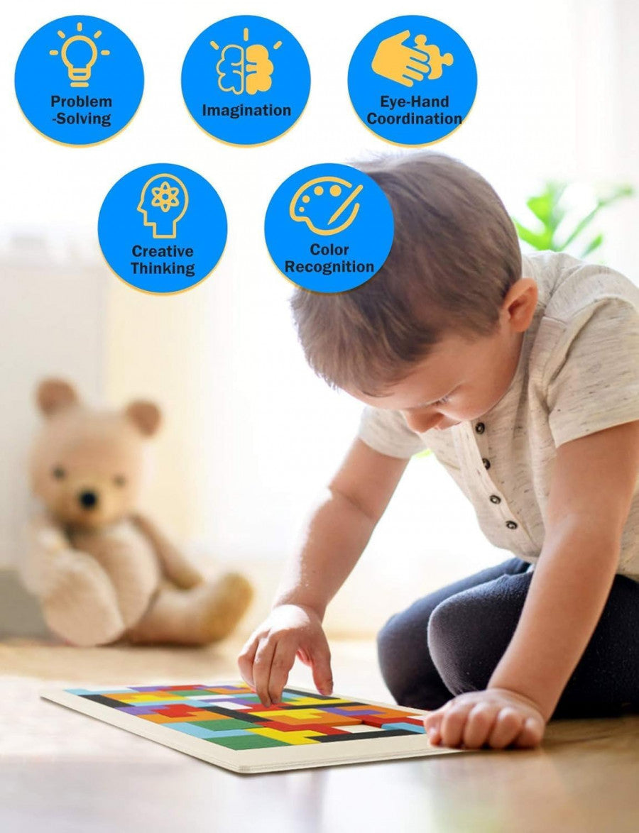 WOODEN INTELLIGENCE PUZZLE – Educational Wooden Pattern Blocks for Kids (3+)
