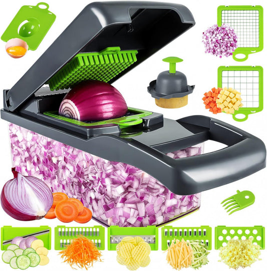 16-in-1 Vegetable Chopper – Multifunctional Slicer, Dicer, Cutter & Grater | 8 Interchangeable Blades | 1.2L Container