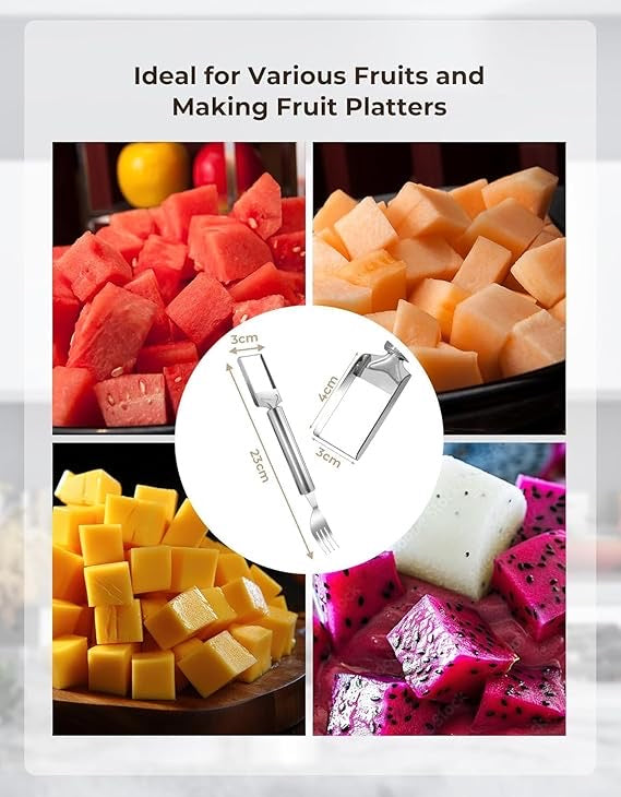 2-in-1 Watermelon Fork & Cutter | Stainless Steel Fruit Cube Slicer for Watermelon, Mango, Pear & More | Easy-to-Use Summer Kitchen Tool