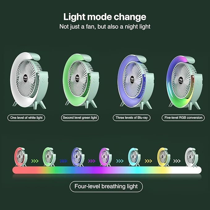 Colorful G-Shape Fan with LED Light – Quiet, Strong Wind, Rechargeable Mini Table & Desk Fan