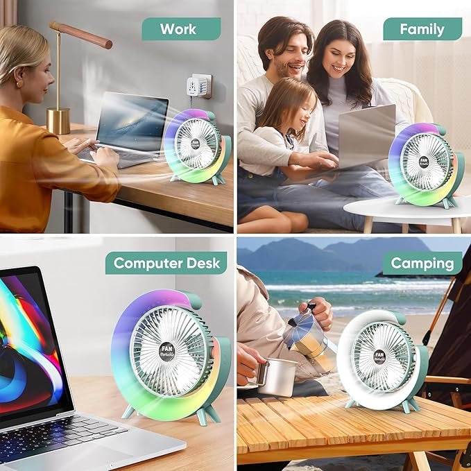 Colorful G-Shape Fan with LED Light – Quiet, Strong Wind, Rechargeable Mini Table & Desk Fan