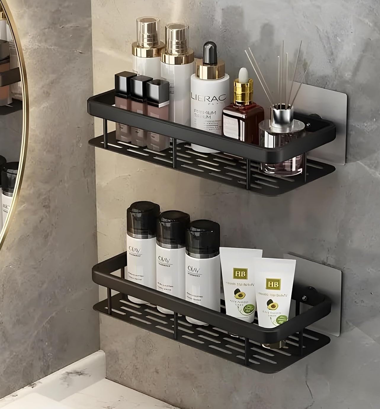 Aluminum Wall Mounted Adhesive Shower Caddy Shelf Corner for Bedroom Wall Storage Rack | Multifunctional Large Capacity Bathroom Rack | Easy Installation Durable