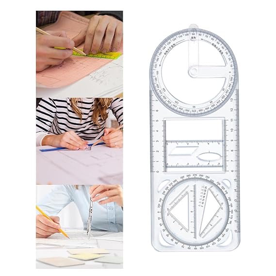 Multifunctional Geometric Drawing Ruler – Transparent Math & Design Tool with Protractor, Circle Templates & Stencils