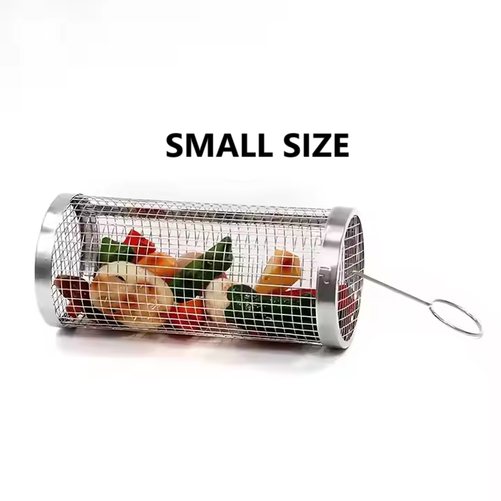 Stainless Steel BBQ Mesh Cage Vegetables Meat Metal Barbecue Net Round Cylinder Rolling Grilling Basket Outdoor Picnic Grill Mesh for Fish