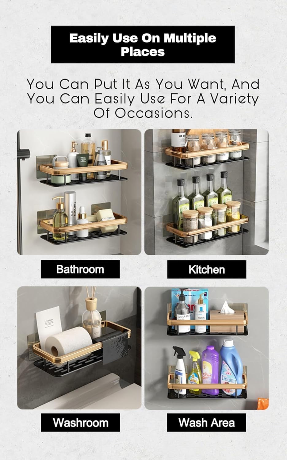 Gold Self-Adhesive Multipurpose Wall Mounted Bathroom Shelf & Rack for Kitchen, Space Saving Organizer, Punch Free Wall Shelves Stand (2pcs Pack)