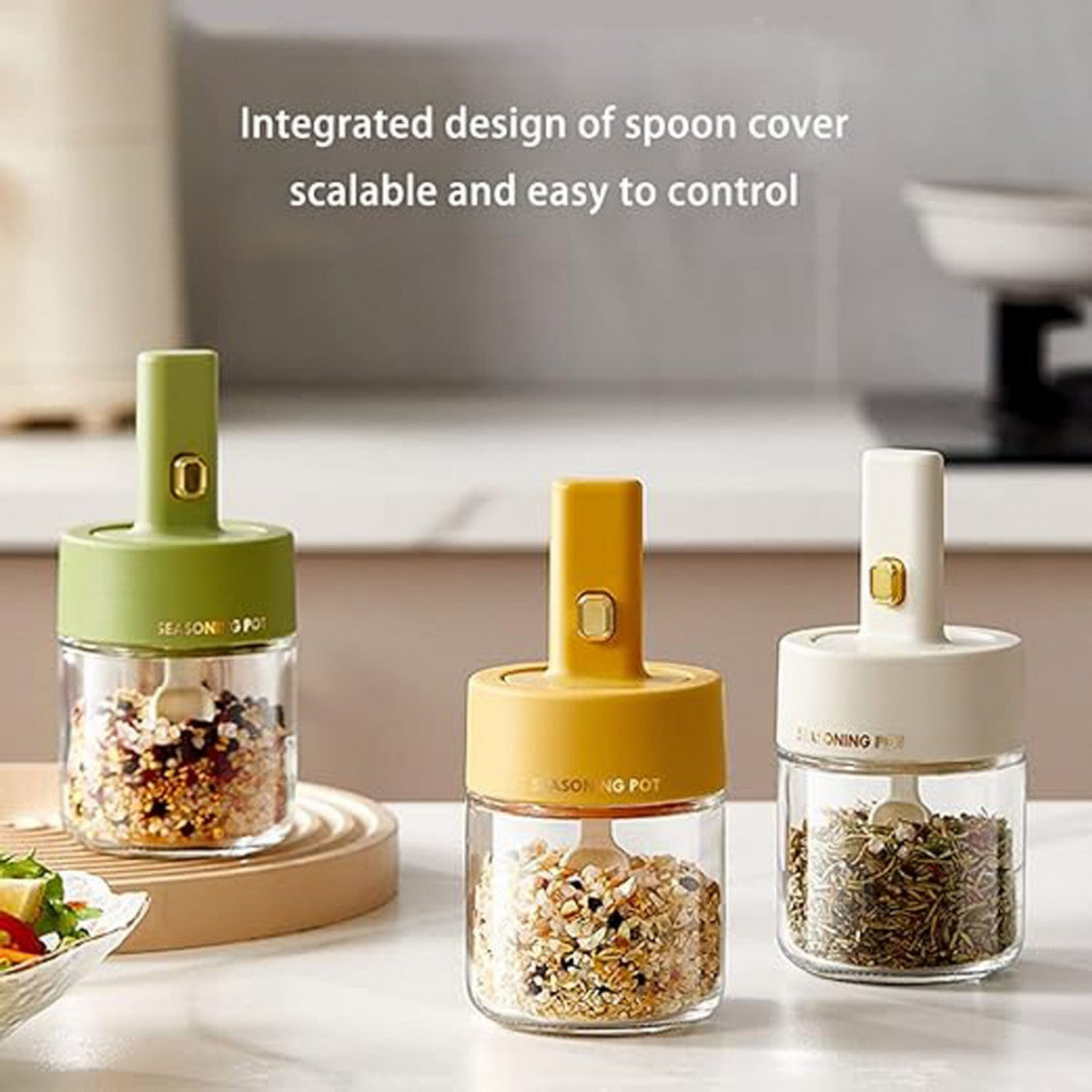 Glass Spice Jars with Built-In Retractable Spoons & Airtight Lids – Dustproof & Easy to Clean