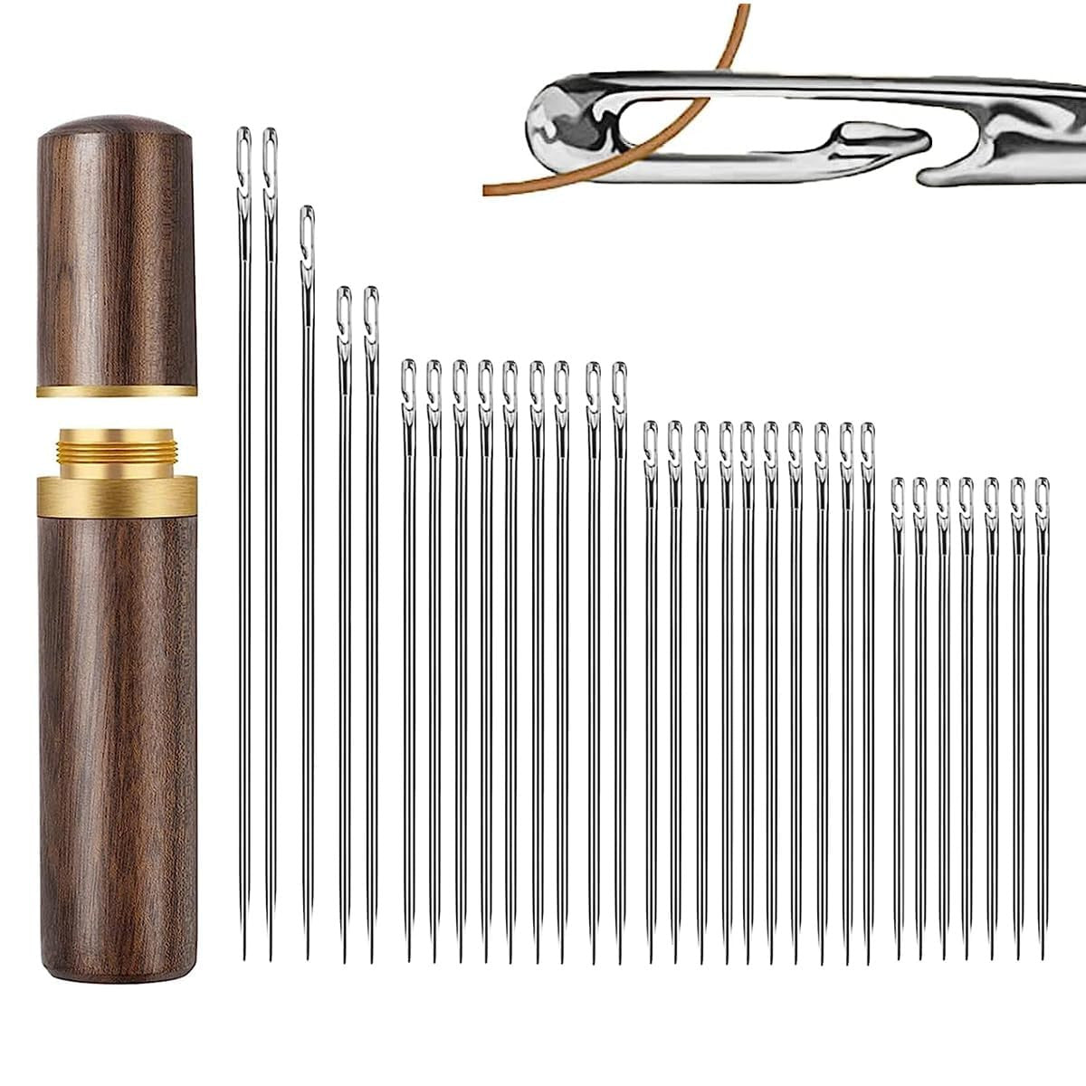 30 PCS Self-Threading Needle Set with Wooden Storage Case – Easy Thread Quilting & Sewing Needles