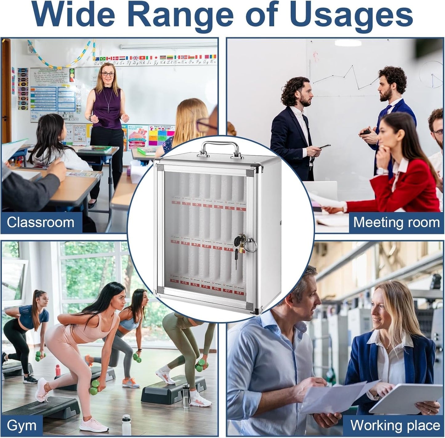 Cell Phones Storage Cabinet 36 Slots Aluminum Alloy Cell Phones Holder Storage Box Mobile Desktop Organizer Wall-Mounted Pocket Chart Locker Box with a Lock