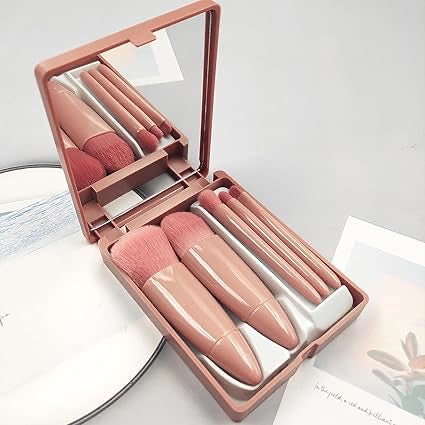 Mini Makeup Brushes Kit – 5-in-1 Portable Travel Brush Set with Mirror | Foundation, Eyeshadow, Blush & Lip Brushes
