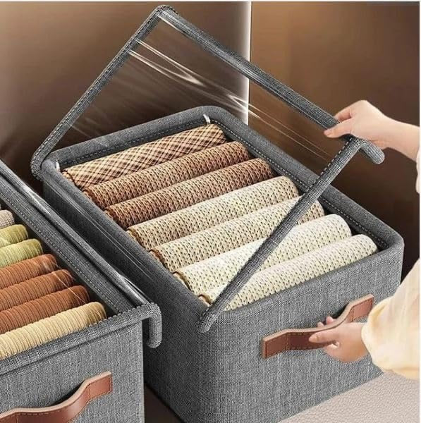 Closet Clothes Organizer with Handle & Lid, Fabric Storage Box with Steel Frame Stackable Shelf Storage Baskets, Foldable Wardrobe Storage Box for Clothes Toys