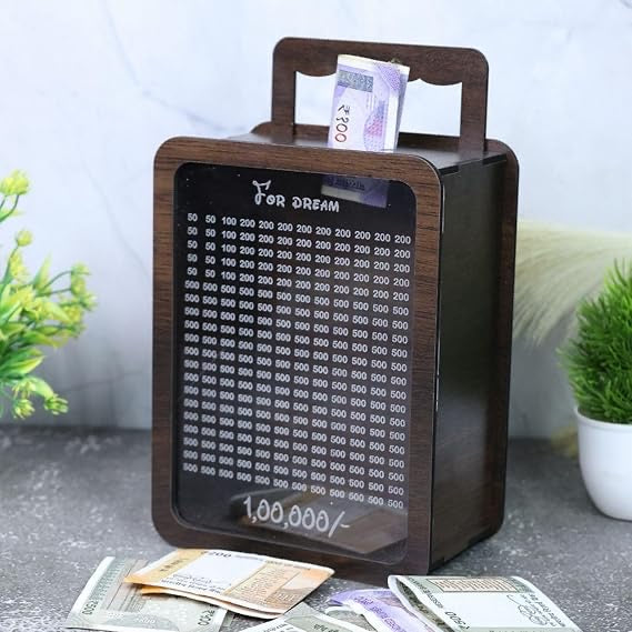 Wooden Piggy Bank – Carved Coin Box with Savings Tracker, Money Saver for Kids & Adults, Smart Donation & Savings Box