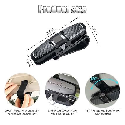 Car Sunglass Holder Clip | 180° Rotating Sun Visor Eyeglasses Storage Mount with Card Ticket Clip | Universal Fit for All Cars – Black & Silver