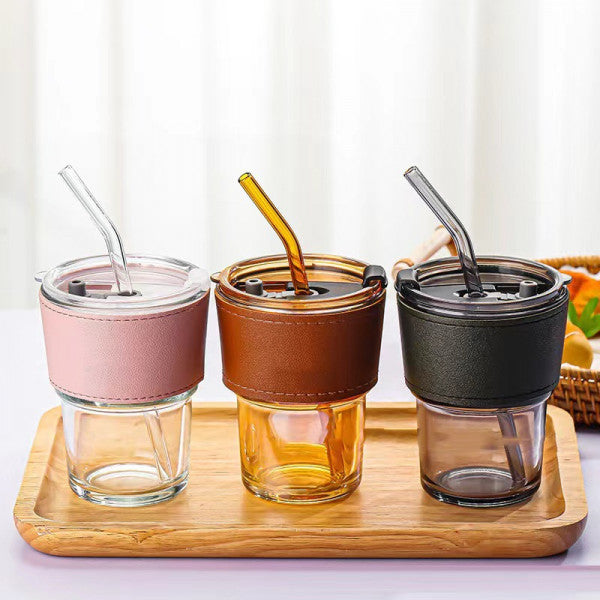 Glass Mug with Straw & Cover – 400ml Travel Tumbler for Hot & Cold Drinks - Multicolor