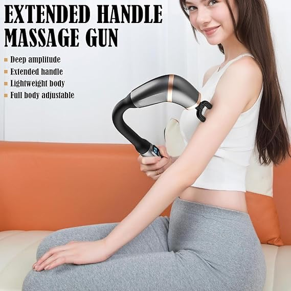 Deep Tissue Massage Gun with Extended Handle – 5 Speed Percussion Massager | 4 Heads for Full Body, Neck, Back & Leg Pain Relief | Rechargeable & Ergonomic Design