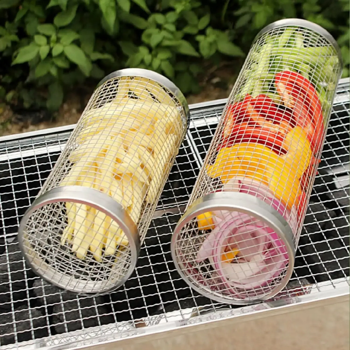 Stainless Steel BBQ Mesh Cage Vegetables Meat Metal Barbecue Net Round Cylinder Rolling Grilling Basket Outdoor Picnic Grill Mesh BBQ Grill for Fish Meat