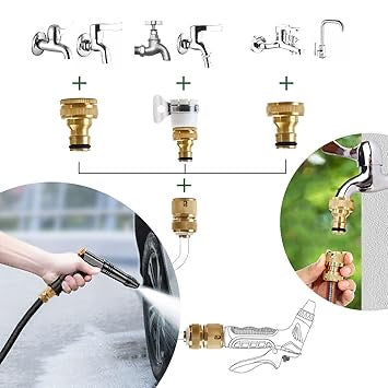 Tap Connector, Brass Pipe Connector for Tap, Garden Hose Quick Connectors, 1/2 & 3/4 Inch Faucet Adapter Tap Connector Sets for Garden Bathroom Kitchen Outdoors (Set of 4 pcs)
