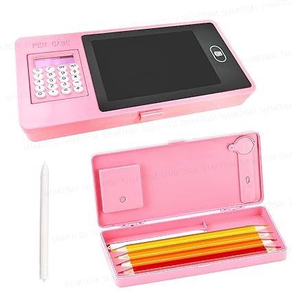 LCD Writing Tablet Pencil Box with Calculator, Drawing Board Case with Erase Button and Calculator, Magic Storage for Stationery
