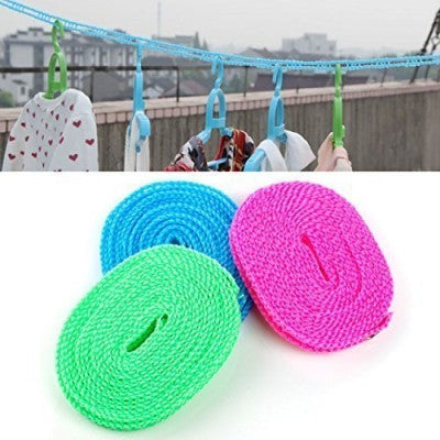 Windproof Nylon Clothes Drying Line – 5 Meter Adjustable Rope with Hooks for Home, Travel & Camping (Random Color - Pack of 2)