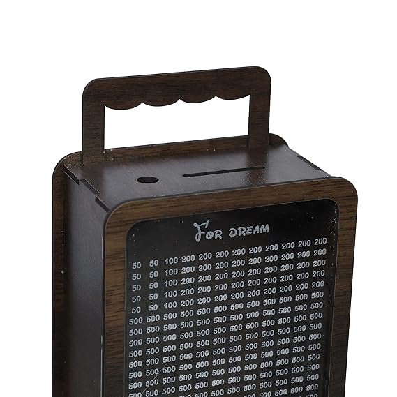 Wooden Piggy Bank – Carved Coin Box with Savings Tracker, Money Saver for Kids & Adults, Smart Donation & Savings Box