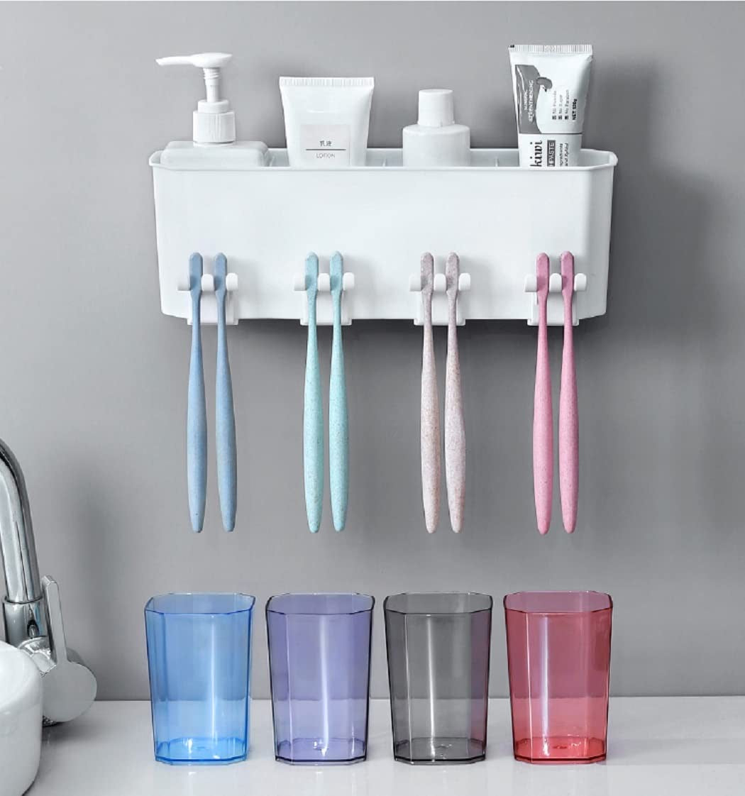 Plastic Toothbrush Holder Wall Mounted, Toothbrush Holders For Bathroom, Brush Holder For Bathroom Wall Mounted, Bathroom Organizer Toothbrush Holder Wall Mounted, Tooth Brushes Holder, for Bathroom, Brush Holder for Bathroom Wall Mounted (4 Cup)