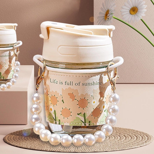 White Pearl Glass Coffee Mugs with Pearl Chain Belt & Sleeve, Reusable Travel Sipper with Double Drink Straw and Lids, MOTI Mug Tumbler for Juice Smoothies Milk Cups White Pearl Moti Mug Glass Coffee Mugs with Pearl Chain Belt & Sleeve