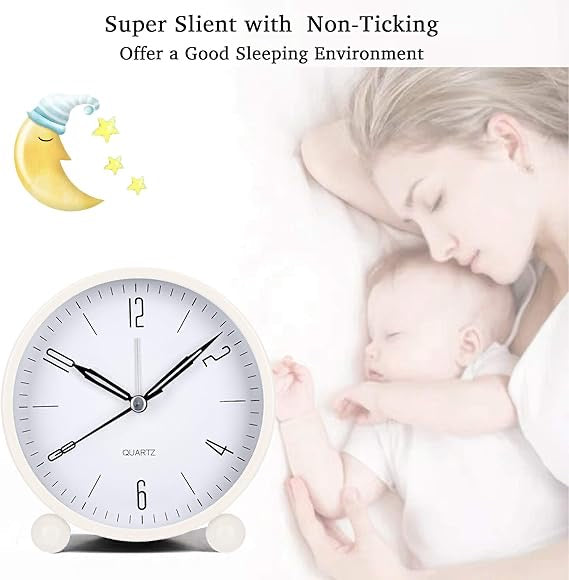 Analog 4 Inch Round Alarm Clock Non Ticking, Battery Operated & Light Function, Super Silent Alarm Clock, Simple Stylish Design for Desk/Bedroom