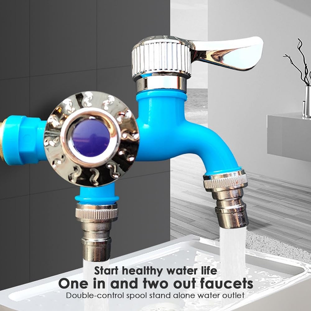 Multi-Functional Dual Water Tap Faucet with 2 Valve for Flushing Connected to an Automatic Washing Machine, Bathroom & Outdoor Garden Hose Cold Tap - Multicolour