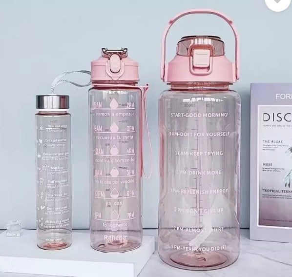 💧 Transparent Water Bottle Set – 3 Sizes (2L, 900ml, 300ml) | Motivational & Leakproof | BPA-Free