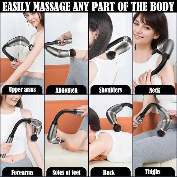 Deep Tissue Massage Gun with Extended Handle – 5 Speed Percussion Massager | 4 Heads for Full Body, Neck, Back & Leg Pain Relief | Rechargeable & Ergonomic Design