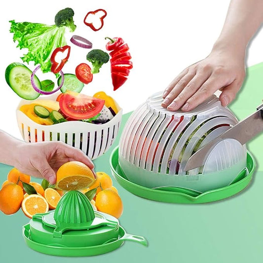 Salad Cutting Bowl, Wash Strain Slice and Serve, 60 Seconds Salad, Salad Cutter Bowl, Salad Chopper, Salad Bowl, Cutting Board, with Orange Juicer