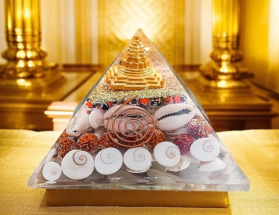 Crystal Laxmi Pyramid with Rudraksha Shree Yantra Natural Gomati Chakra White Kauri and Ratti Seeds for Vastu Money Wealth Good Luck, Success & Prosperity
