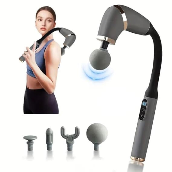 Deep Tissue Massage Gun with Extended Handle – 5 Speed Percussion Massager | 4 Heads for Full Body, Neck, Back & Leg Pain Relief | Rechargeable & Ergonomic Design
