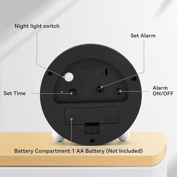 Analog 4 Inch Round Alarm Clock Non Ticking, Battery Operated & Light Function, Super Silent Alarm Clock, Simple Stylish Design for Desk/Bedroom