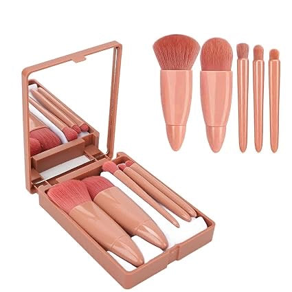 Mini Makeup Brushes Kit – 5-in-1 Portable Travel Brush Set with Mirror | Foundation, Eyeshadow, Blush & Lip Brushes
