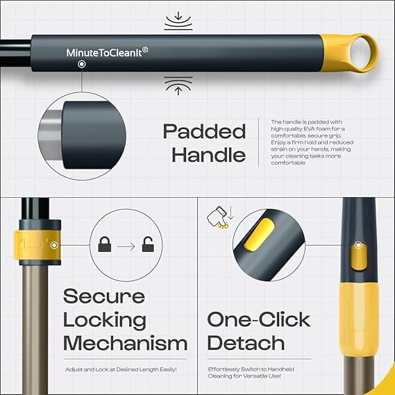 3-in-1 Cleaning Set | Long Handle Flexible Duster, Bristles, Microfiber & Scrubber for Tiles, Bathroom, Windows - 58.2” Extendable Pole, Detachable Heads