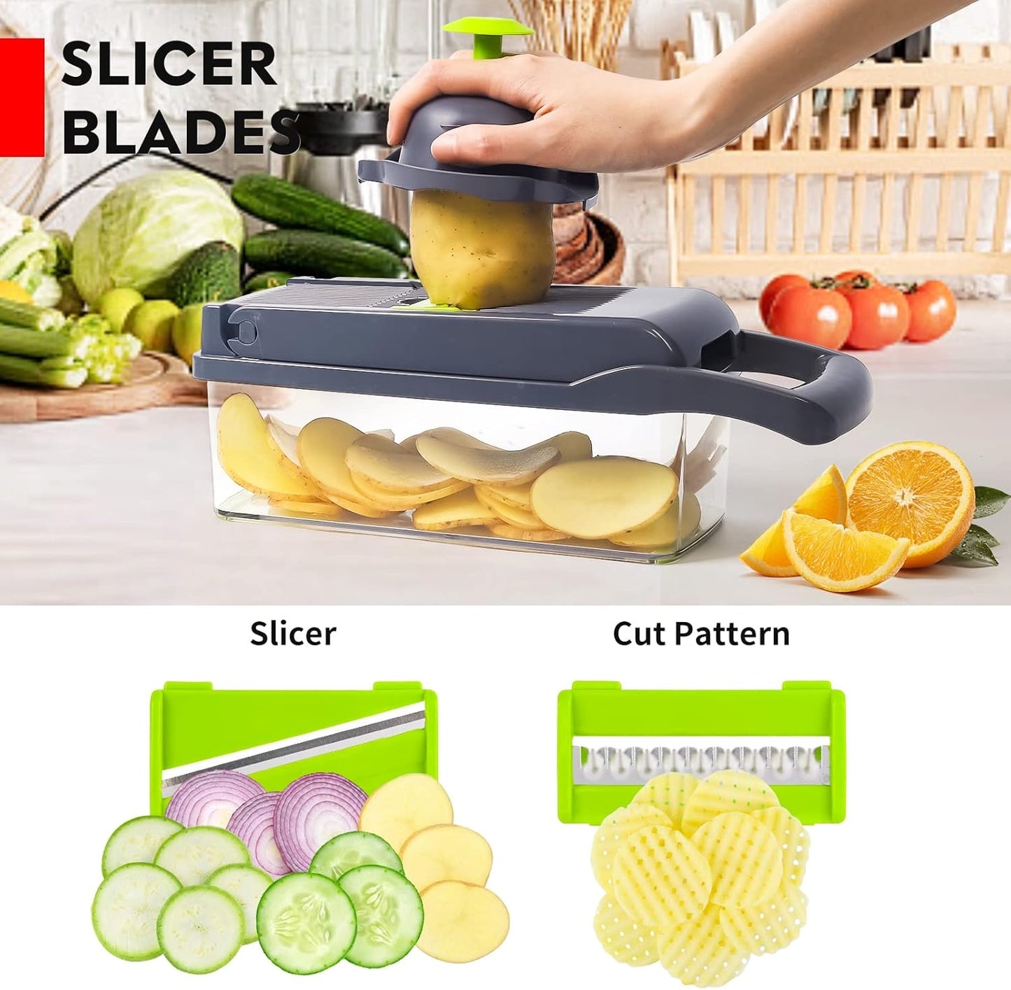 Vegetable Chopper Onion Multifunctional 13 in 1 Food Kitchen Vegetable Slicer Dicer Cutter, Veggie Chopper With 8 Blades, Carrot & Garlic With Container