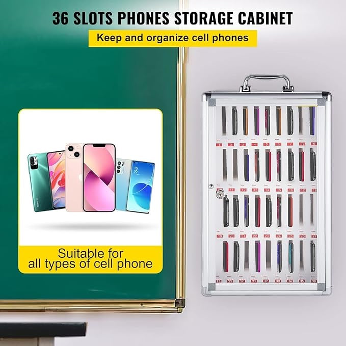 Cell Phones Storage Cabinet 36 Slots Aluminum Alloy Cell Phones Holder Storage Box Mobile Desktop Organizer Wall-Mounted Pocket Chart Locker Box with a Lock
