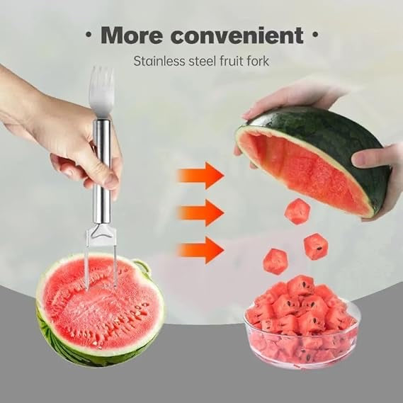 2-in-1 Watermelon Fork & Cutter | Stainless Steel Fruit Cube Slicer for Watermelon, Mango, Pear & More | Easy-to-Use Summer Kitchen Tool