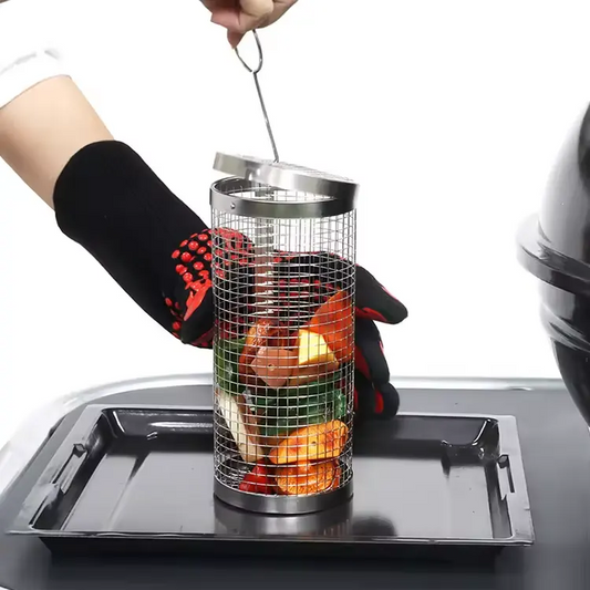 Stainless Steel BBQ Mesh Cage Vegetables Meat Metal Barbecue Net Round Cylinder Rolling Grilling Basket Outdoor Picnic Grill Mesh for Fish