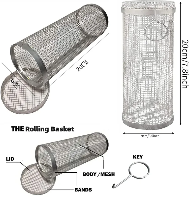 Stainless Steel BBQ Mesh Cage Vegetables Meat Metal Barbecue Net Round Cylinder Rolling Grilling Basket Outdoor Picnic Grill Mesh for Fish
