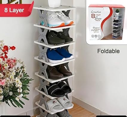 Multipurpose Shoe Rack for Home Plastic, Adjustable Stand Organizer Stackable Storage Bedroom Entryway Shelf Footwear Collapsible Corner Tower Shoes and Book Slots Rack (8 Layer Shoe Rack)
