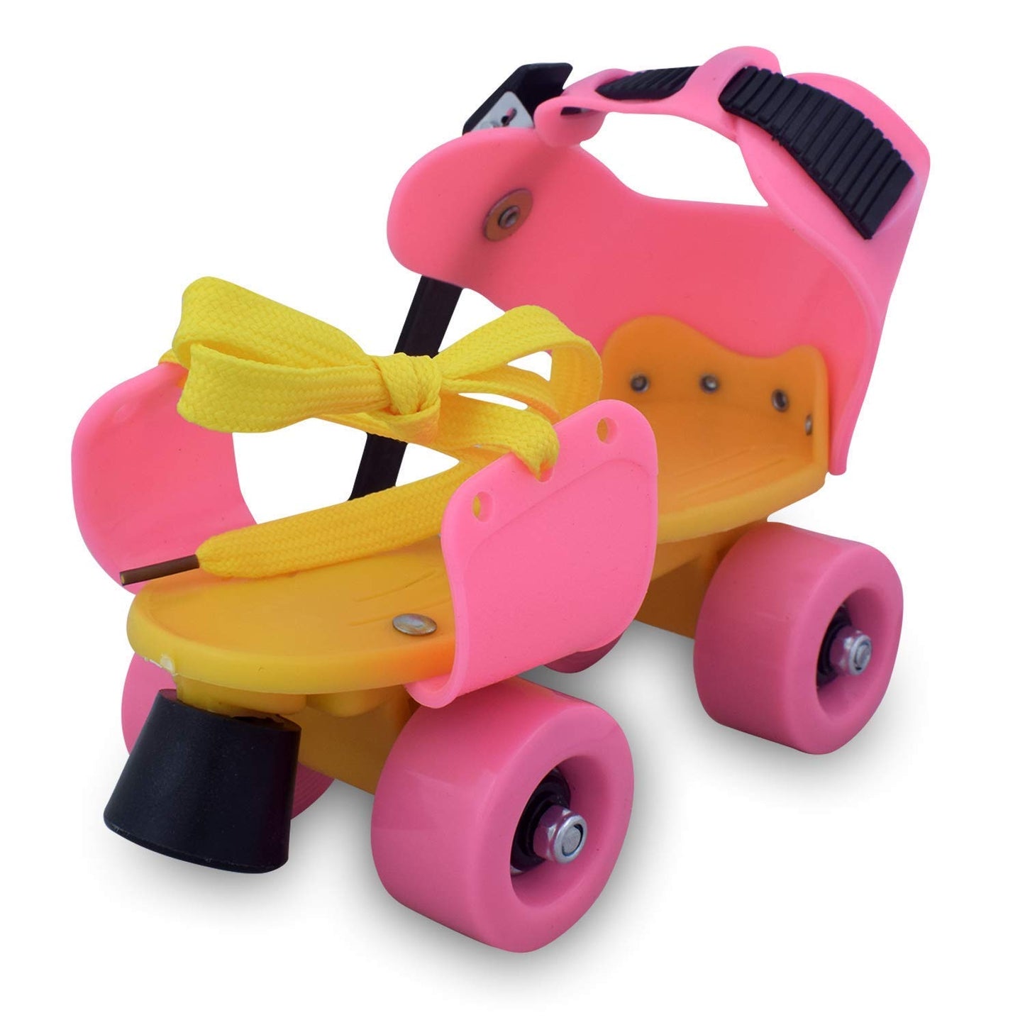 Adjustable 4 Wheel Skating Shoes for Boys/Girls Roller Skates with Front Break Inline Skating Shoes Suitable for Age Group 7 to 15 Years (Pink Yellow)