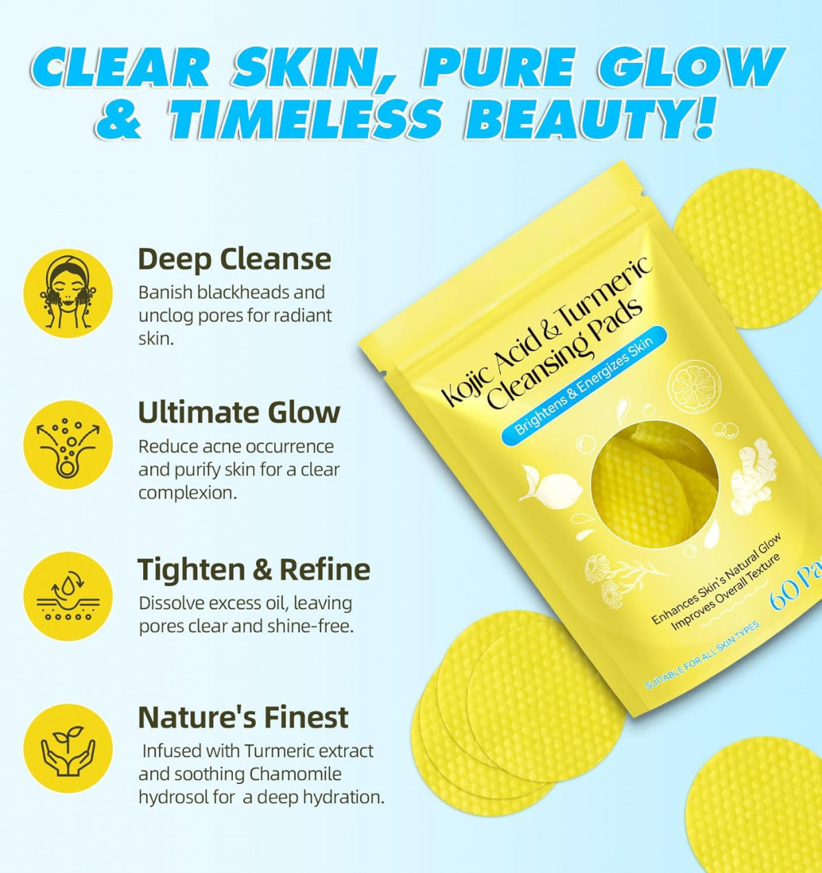 Kojic Turmeric Face Cleansing Pads – Deep Pore Cleanser & Exfoliator for Radiant, Glowing Skin