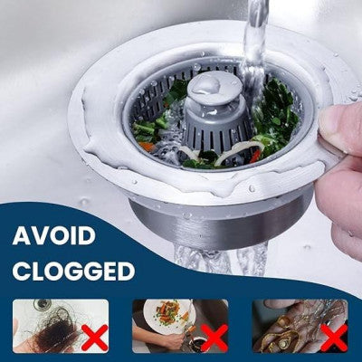 3-in-1 Kitchen Sink Drain Strainer, Stopper & Filter – Stainless Steel Pop-Up Anti-Clog Design