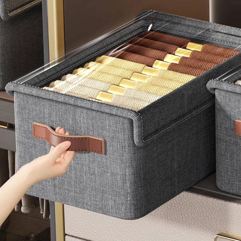 Closet Clothes Organizer with Handle & Lid, Fabric Storage Box with Steel Frame Stackable Shelf Storage Baskets, Foldable Wardrobe Storage Box for Clothes Toys