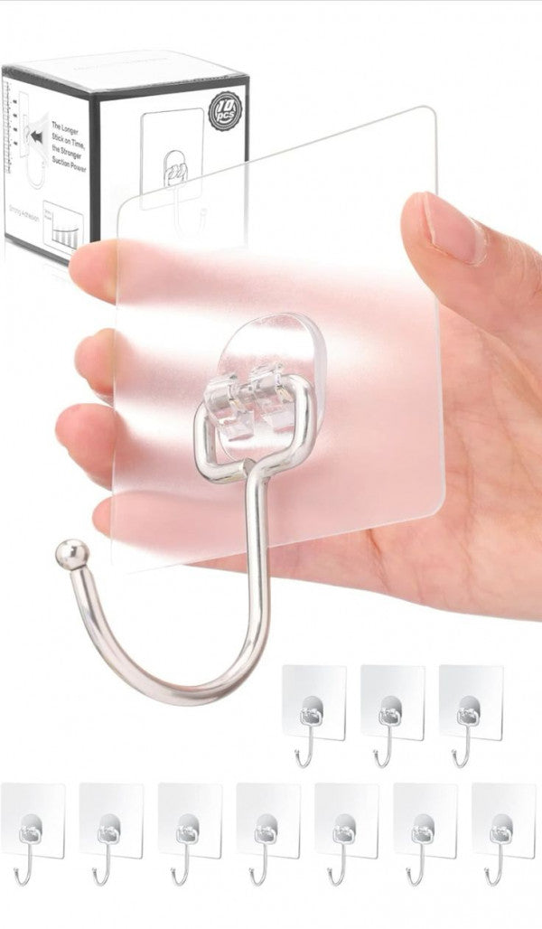 Transparent Large Adhesive Wall Hooks Hanger – Pack of 10, Heavy Duty & Reusable